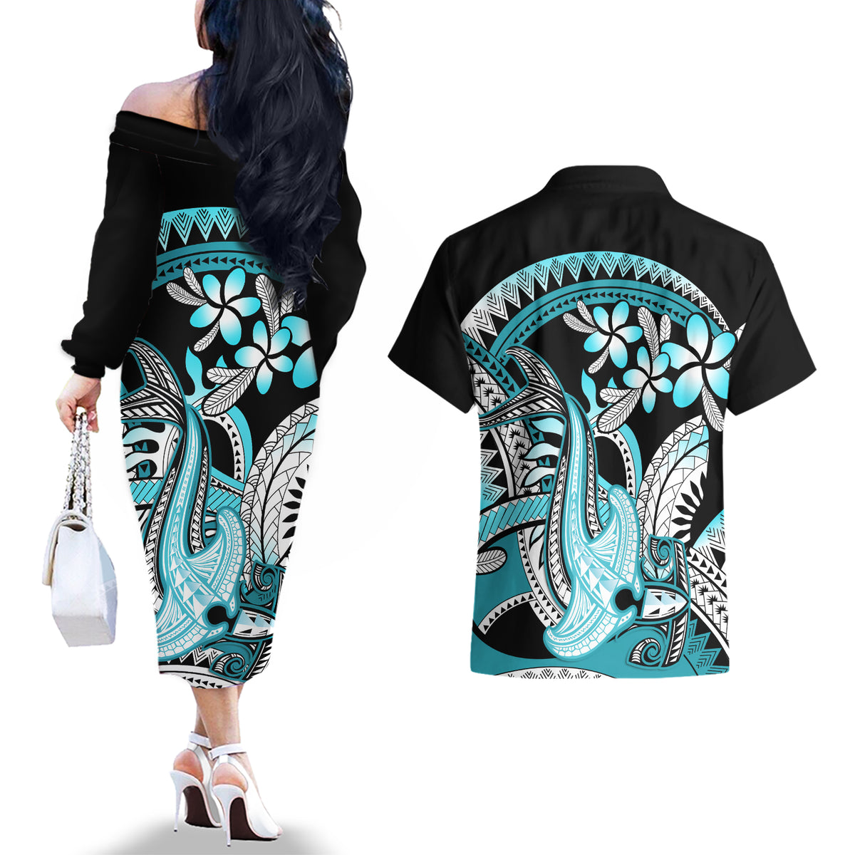 Turquoise Polynesian Hammerhead Shark Tattoo Couples Matching Off The Shoulder Long Sleeve Dress and Hawaiian Shirt Royal Plumeria Gradient Vibes LT14 - Polynesian Pride