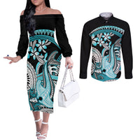 Turquoise Polynesian Hammerhead Shark Tattoo Couples Matching Off The Shoulder Long Sleeve Dress and Long Sleeve Button Shirt Royal Plumeria Gradient Vibes LT14 Turquoise - Polynesian Pride