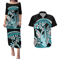 Turquoise Polynesian Hammerhead Shark Tattoo Couples Matching Puletasi and Hawaiian Shirt Royal Plumeria Gradient Vibes LT14 Turquoise - Polynesian Pride