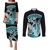 Turquoise Polynesian Hammerhead Shark Tattoo Couples Matching Puletasi and Long Sleeve Button Shirt Royal Plumeria Gradient Vibes LT14 Turquoise - Polynesian Pride