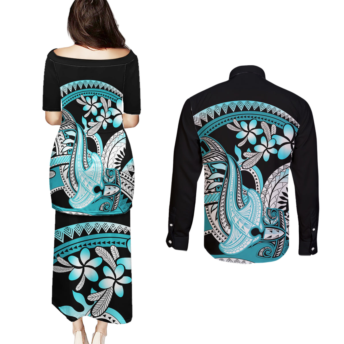 Turquoise Polynesian Hammerhead Shark Tattoo Couples Matching Puletasi and Long Sleeve Button Shirt Royal Plumeria Gradient Vibes LT14 - Polynesian Pride
