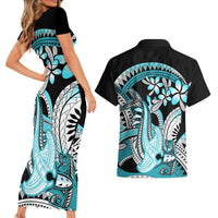Turquoise Polynesian Hammerhead Shark Tattoo Couples Matching Short Sleeve Bodycon Dress and Hawaiian Shirt Royal Plumeria Gradient Vibes LT14 - Polynesian Pride