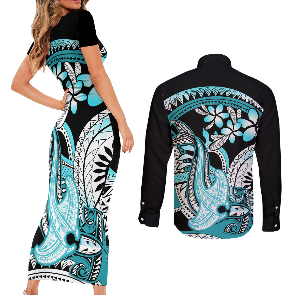 Turquoise Polynesian Hammerhead Shark Tattoo Couples Matching Short Sleeve Bodycon Dress and Long Sleeve Button Shirt Royal Plumeria Gradient Vibes LT14 - Polynesian Pride