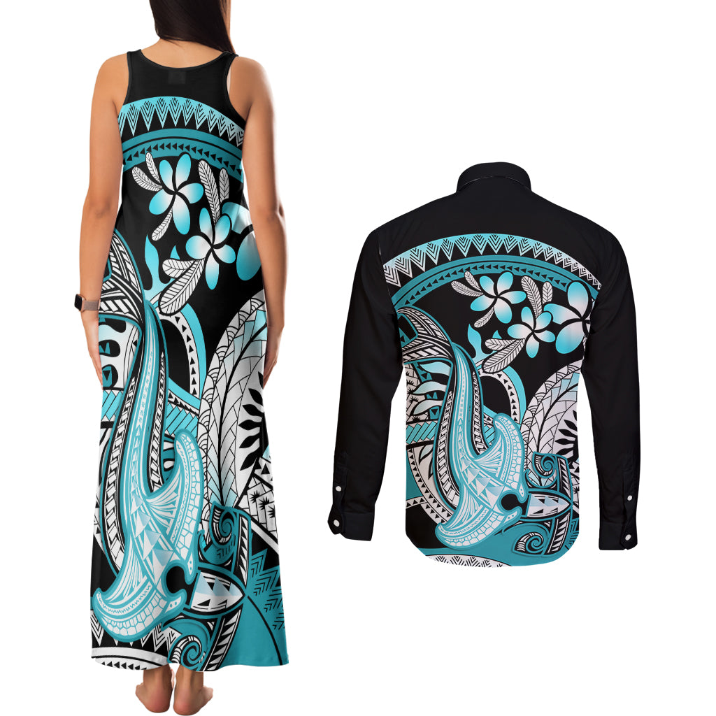 Turquoise Polynesian Hammerhead Shark Tattoo Couples Matching Tank Maxi Dress and Long Sleeve Button Shirt Royal Plumeria Gradient Vibes LT14 - Polynesian Pride