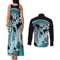 Turquoise Polynesian Hammerhead Shark Tattoo Couples Matching Tank Maxi Dress and Long Sleeve Button Shirt Royal Plumeria Gradient Vibes LT14 - Polynesian Pride