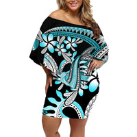 Turquoise Polynesian Hammerhead Shark Tattoo Family Matching Off Shoulder Short Dress and Hawaiian Shirt Royal Plumeria Gradient Vibes LT14 Mom's Dress Turquoise - Polynesian Pride