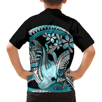 Turquoise Polynesian Hammerhead Shark Tattoo Family Matching Tank Maxi Dress and Hawaiian Shirt Royal Plumeria Gradient Vibes LT14 - Polynesian Pride