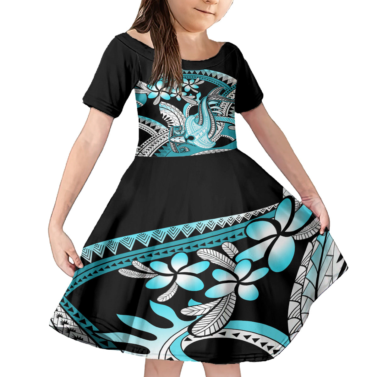 Turquoise Polynesian Hammerhead Shark Tattoo Family Matching Tank Maxi Dress and Hawaiian Shirt Royal Plumeria Gradient Vibes LT14 Daughter's Dress Turquoise - Polynesian Pride