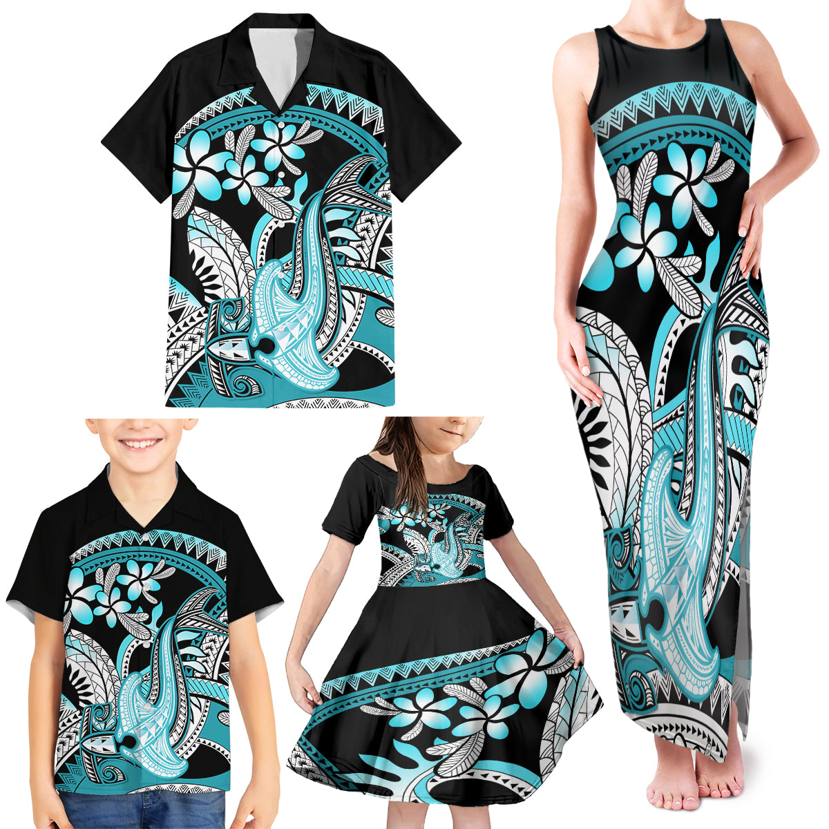 Turquoise Polynesian Hammerhead Shark Tattoo Family Matching Tank Maxi Dress and Hawaiian Shirt Royal Plumeria Gradient Vibes LT14 - Polynesian Pride