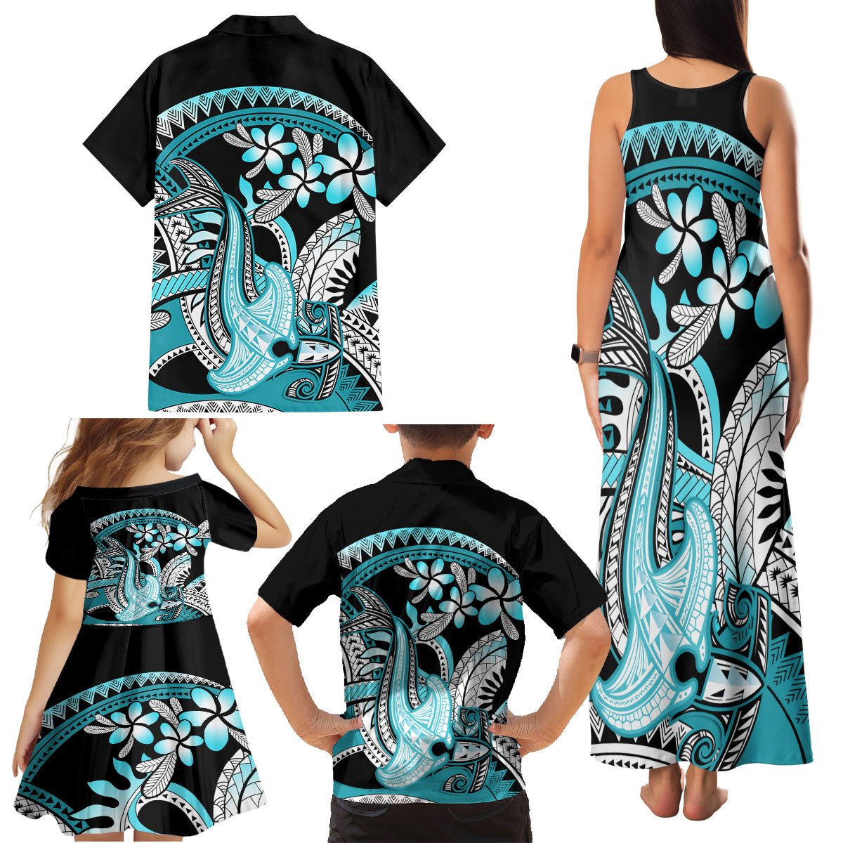 Turquoise Polynesian Hammerhead Shark Tattoo Family Matching Tank Maxi Dress and Hawaiian Shirt Royal Plumeria Gradient Vibes LT14 - Polynesian Pride