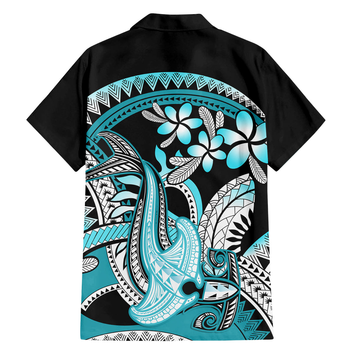 Turquoise Polynesian Hammerhead Shark Tattoo Family Matching Tank Maxi Dress and Hawaiian Shirt Royal Plumeria Gradient Vibes LT14 - Polynesian Pride
