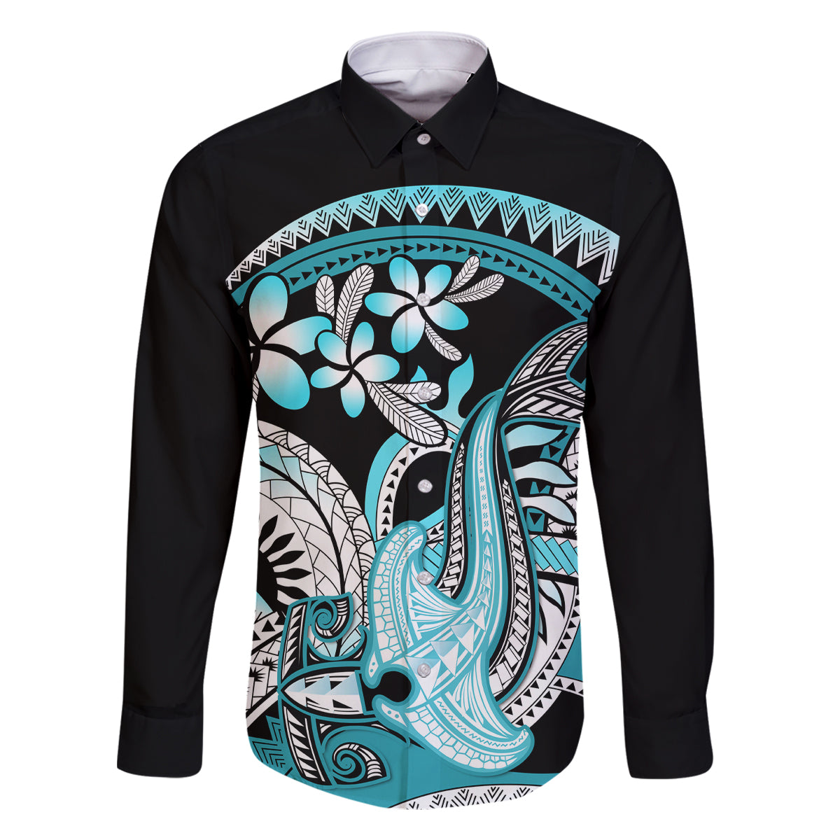 Turquoise Polynesian Hammerhead Shark Tattoo Family Matching Tank Maxi Dress and Hawaiian Shirt Royal Plumeria Gradient Vibes LT14 Dad's Shirt - Long Sleeve Turquoise - Polynesian Pride