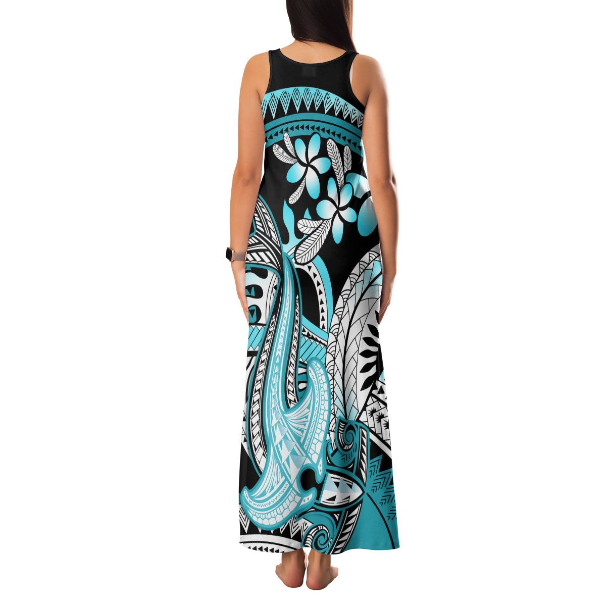 Turquoise Polynesian Hammerhead Shark Tattoo Family Matching Tank Maxi Dress and Hawaiian Shirt Royal Plumeria Gradient Vibes LT14 - Polynesian Pride