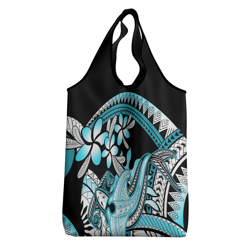 Turquoise Polynesian Hammerhead Shark Tattoo Grocery Bag Royal Plumeria Gradient Vibes