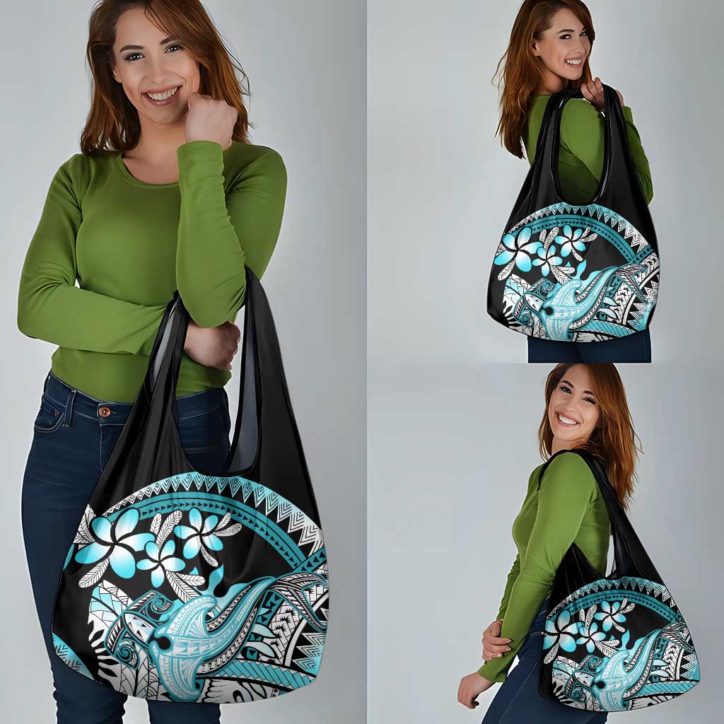 Turquoise Polynesian Hammerhead Shark Tattoo Grocery Bag Royal Plumeria Gradient Vibes