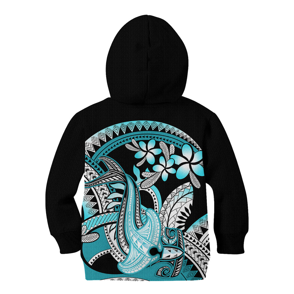 Turquoise Polynesian Hammerhead Shark Tattoo Kid Hoodie Royal Plumeria Gradient Vibes LT14 - Polynesian Pride