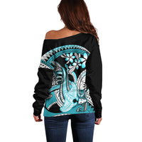 Turquoise Polynesian Hammerhead Shark Tattoo Off Shoulder Sweater Royal Plumeria Gradient Vibes LT14 - Polynesian Pride