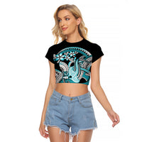 Turquoise Polynesian Hammerhead Shark Tattoo Raglan Cropped T Shirt Royal Plumeria Gradient Vibes LT14 Female Turquoise - Polynesian Pride