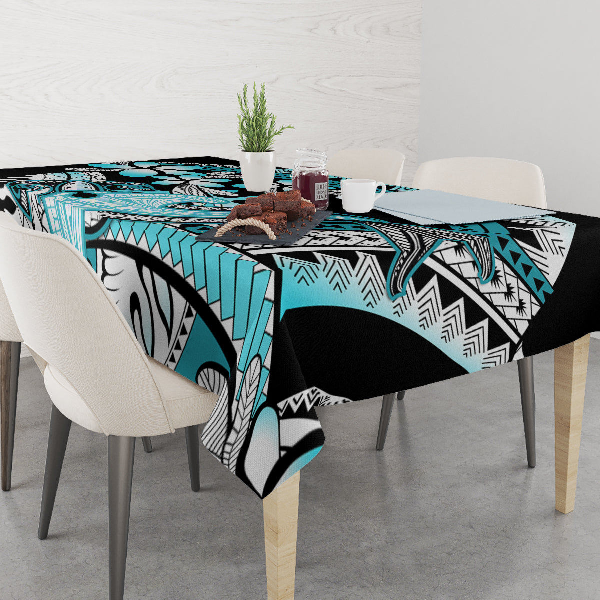 Turquoise Polynesian Hammerhead Shark Tattoo Tablecloth Royal Plumeria Gradient Vibes LT14 - Polynesian Pride