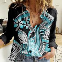 Turquoise Polynesian Hammerhead Shark Tattoo Women Casual Shirt Royal Plumeria Gradient Vibes LT14 Female Turquoise - Polynesian Pride