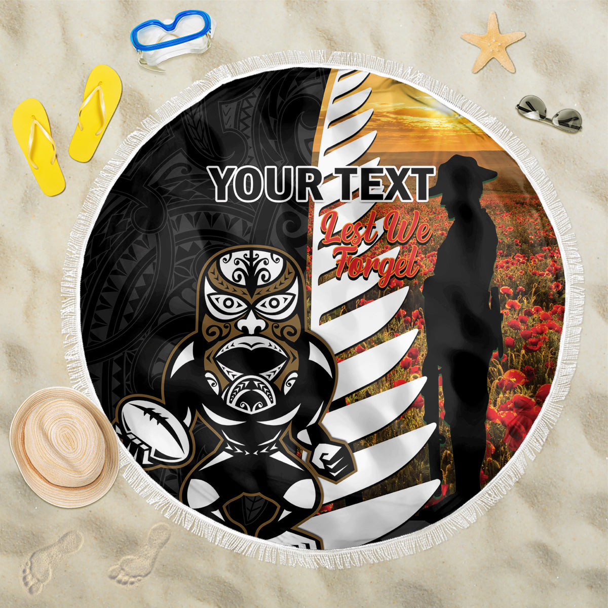Custom New Zealand Silver Fern Rugby ANZAC Day Beach Blanket 2024 All Black Tiki Mascot