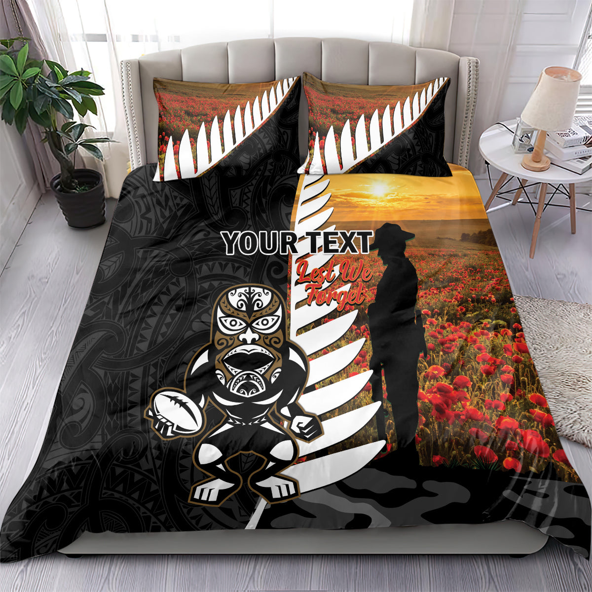 Custom New Zealand Silver Fern Rugby ANZAC Day Bedding Set 2024 All Black Tiki Mascot
