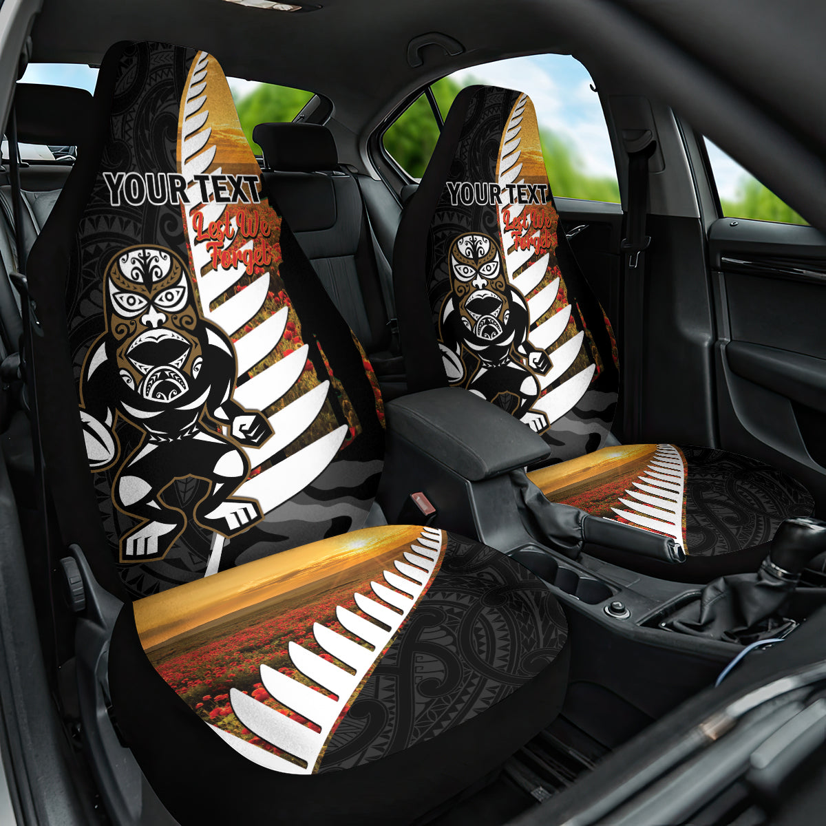 Custom New Zealand Silver Fern Rugby ANZAC Day Car Seat Cover 2024 All Black Tiki Mascot