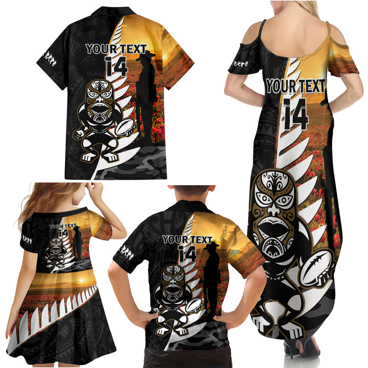 Custom New Zealand Silver Fern Rugby ANZAC Day Family Matching Summer Maxi Dress and Hawaiian Shirt 2024 All Black Tiki Mascot LT14 - Polynesian Pride