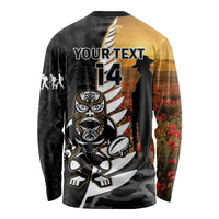 Custom New Zealand Silver Fern Rugby ANZAC Day Long Sleeve Shirt 2024 All Black Tiki Mascot LT14 - Polynesian Pride