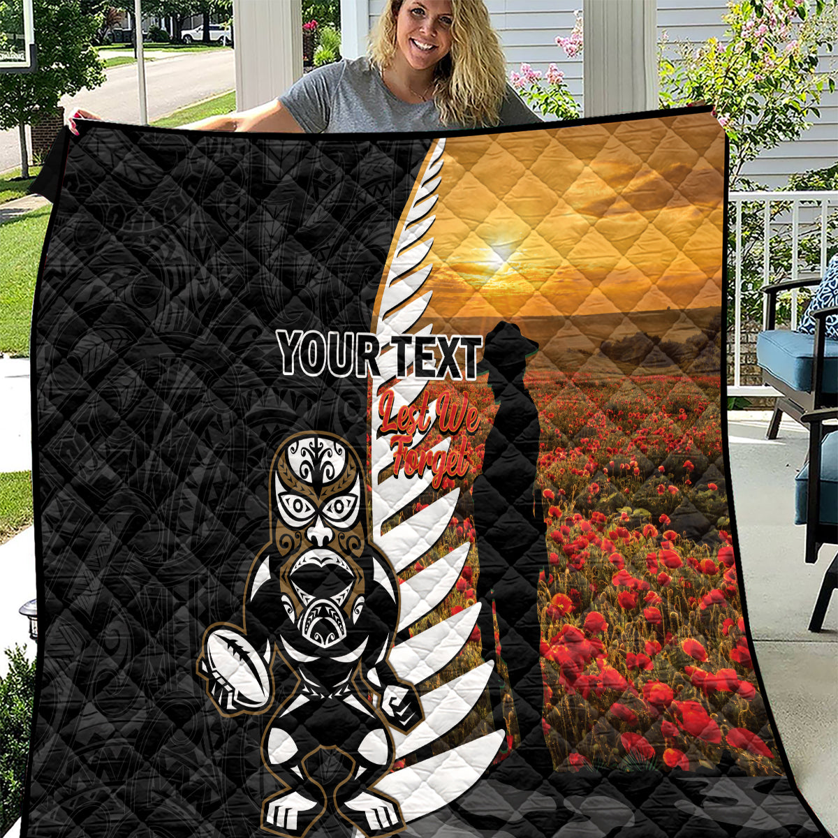 Custom New Zealand Silver Fern Rugby ANZAC Day Quilt 2024 All Black Tiki Mascot