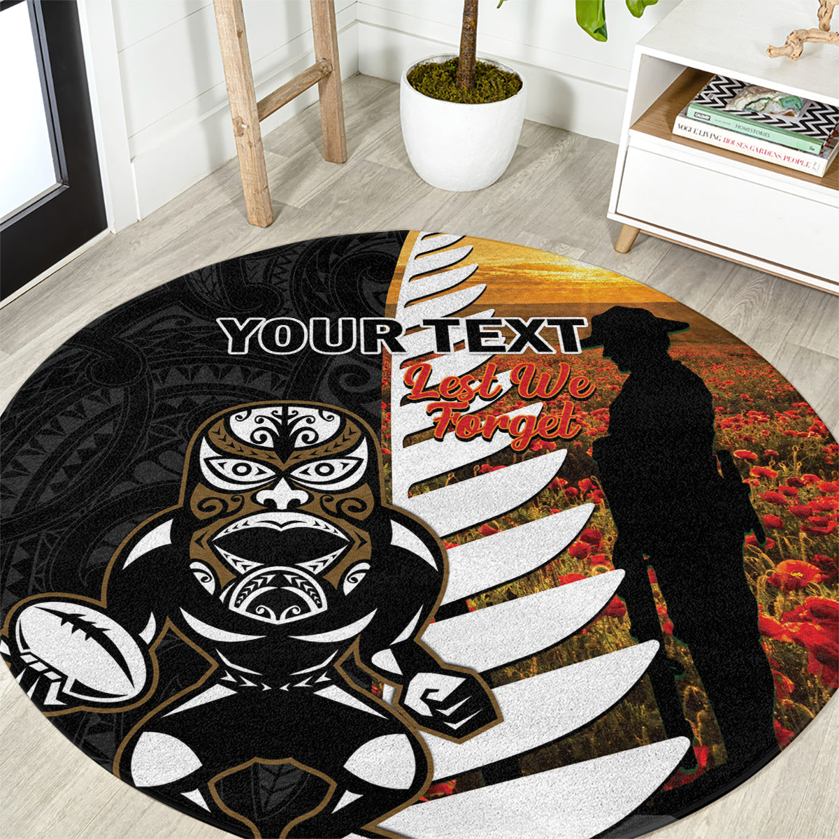 Custom New Zealand Silver Fern Rugby ANZAC Day Round Carpet 2024 All Black Tiki Mascot