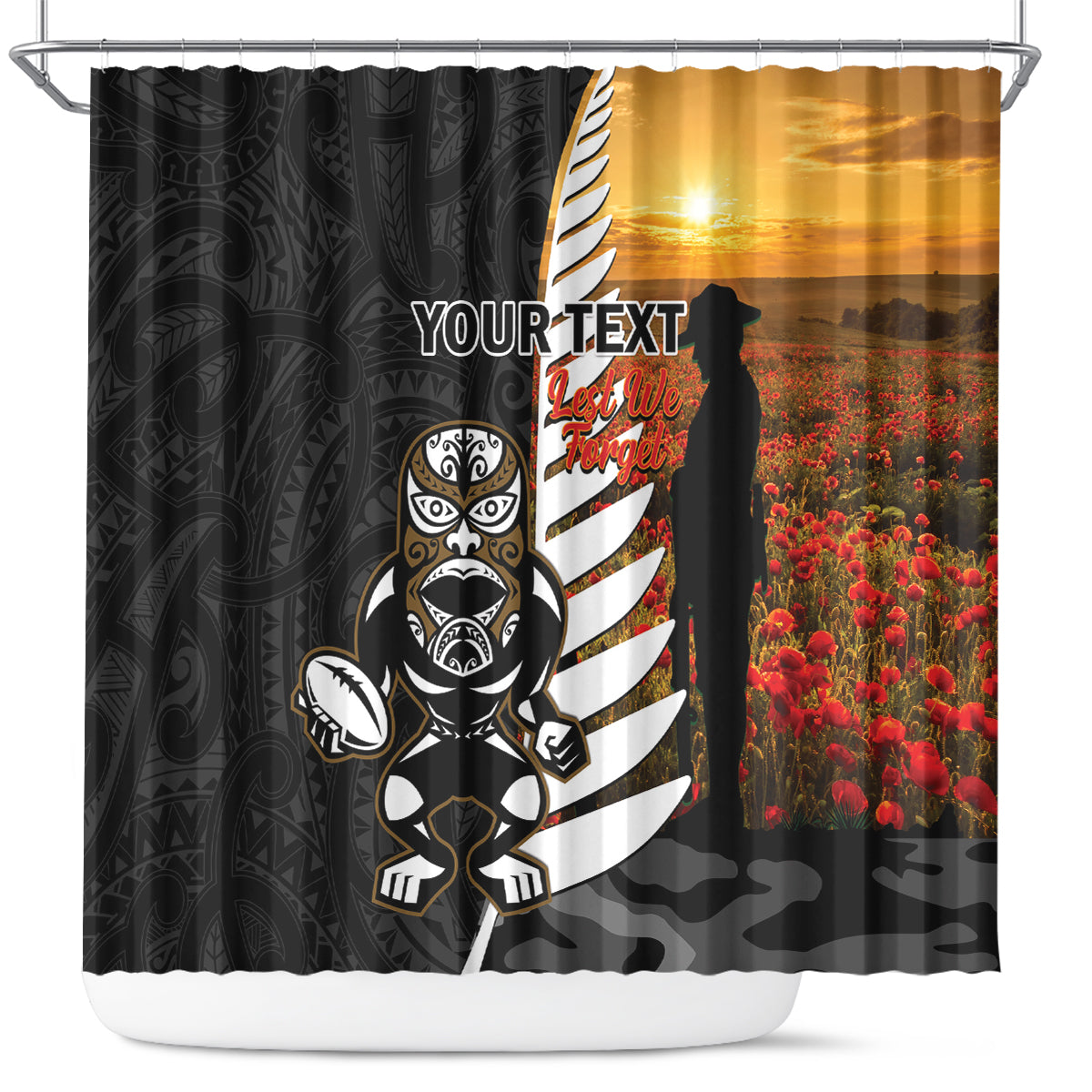 Custom New Zealand Silver Fern Rugby ANZAC Day Shower Curtain 2024 All Black Tiki Mascot