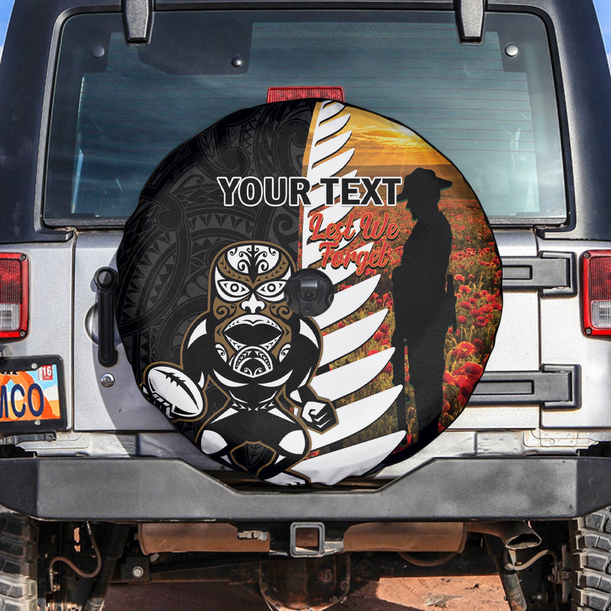 Custom New Zealand Silver Fern Rugby ANZAC Day Spare Tire Cover 2024 All Black Tiki Mascot