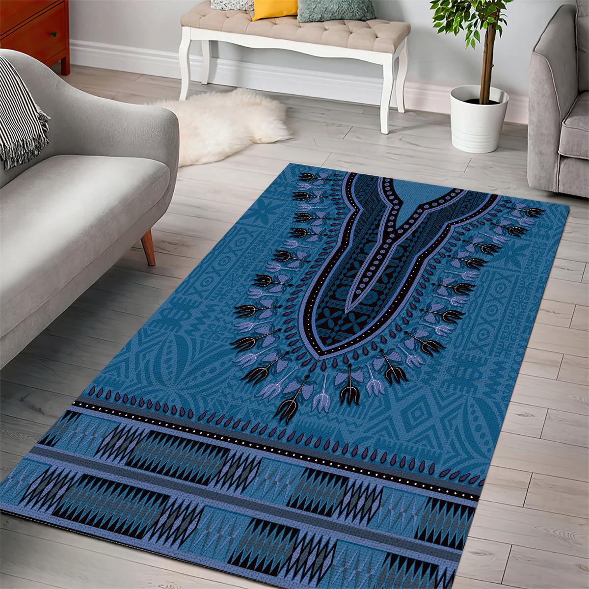 Blue African Dashiki With Fijian Tapa Pattern Area Rug