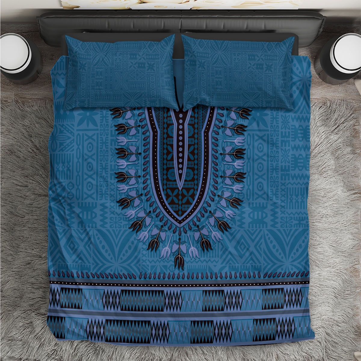 Blue African Dashiki With Fijian Tapa Pattern Bedding Set