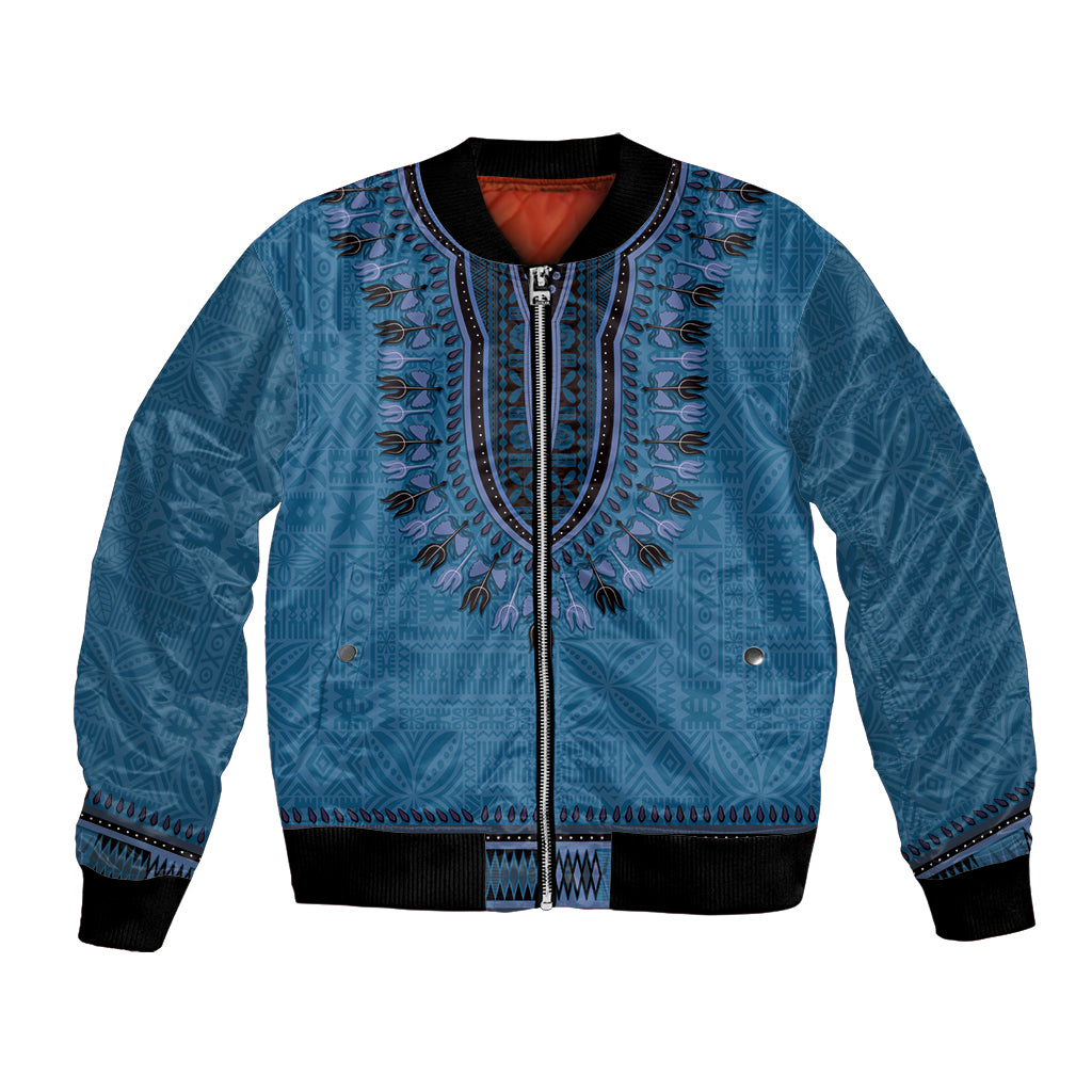 Blue African Dashiki With Fijian Tapa Pattern Bomber Jacket LT14 Unisex Blue - Polynesian Pride