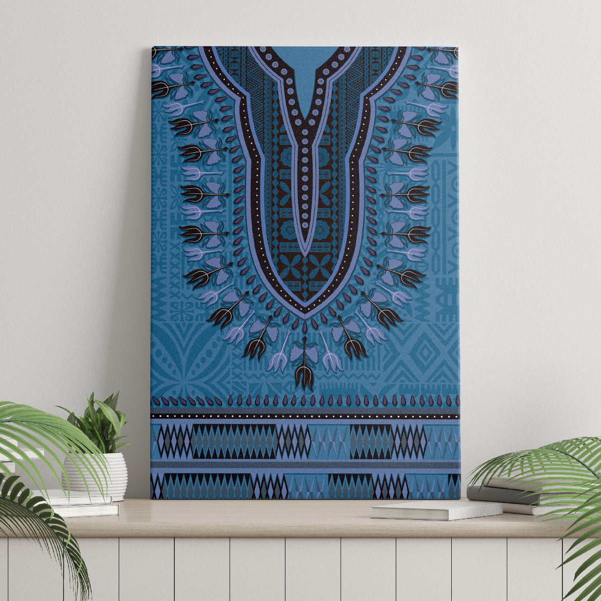 Blue African Dashiki With Fijian Tapa Pattern Canvas Wall Art