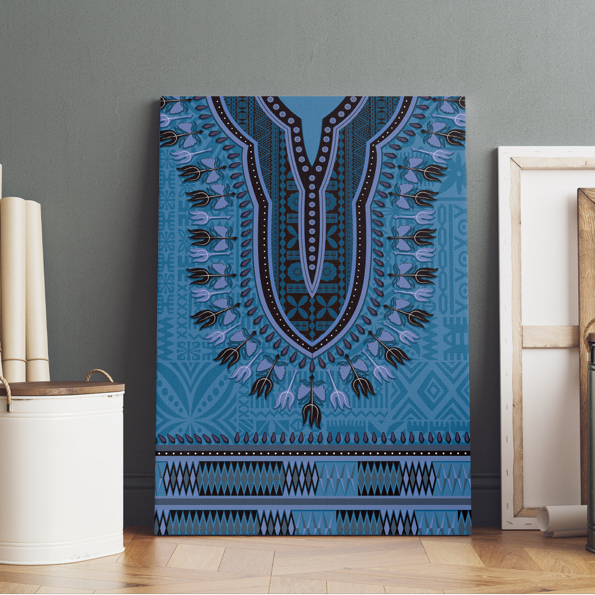 Blue African Dashiki With Fijian Tapa Pattern Canvas Wall Art