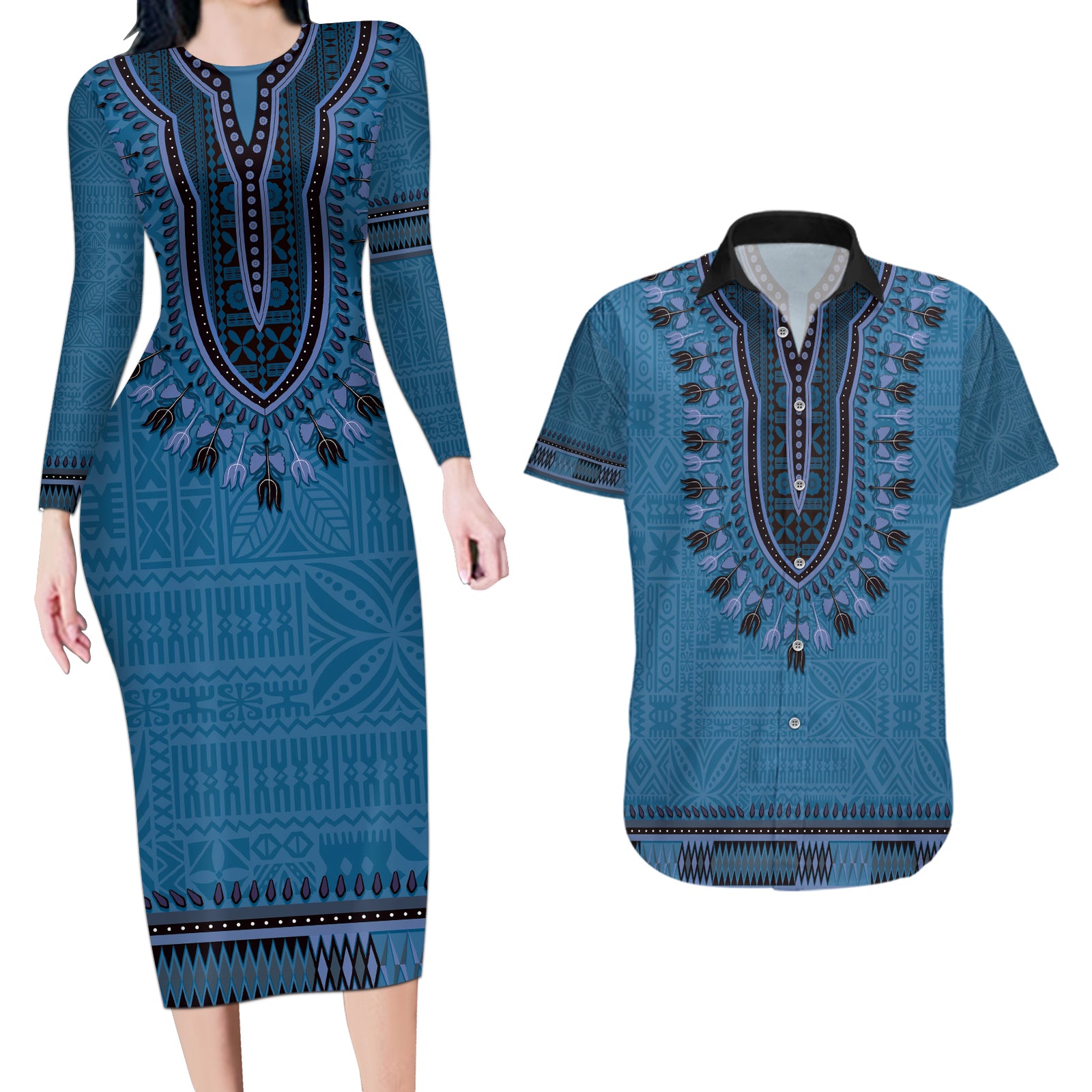 Blue African Dashiki With Fijian Tapa Pattern Couples Matching Long Sleeve Bodycon Dress and Hawaiian Shirt LT14 Blue - Polynesian Pride