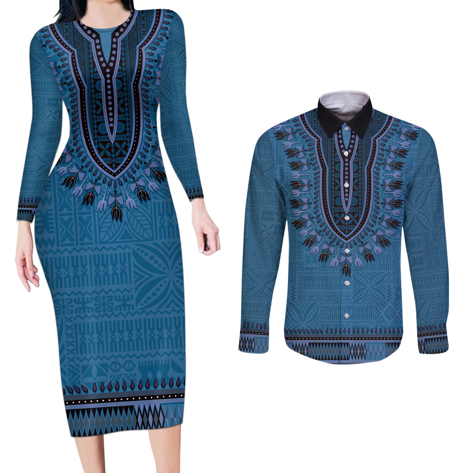 Blue African Dashiki With Fijian Tapa Pattern Couples Matching Long Sleeve Bodycon Dress and Long Sleeve Button Shirt LT14 Blue - Polynesian Pride