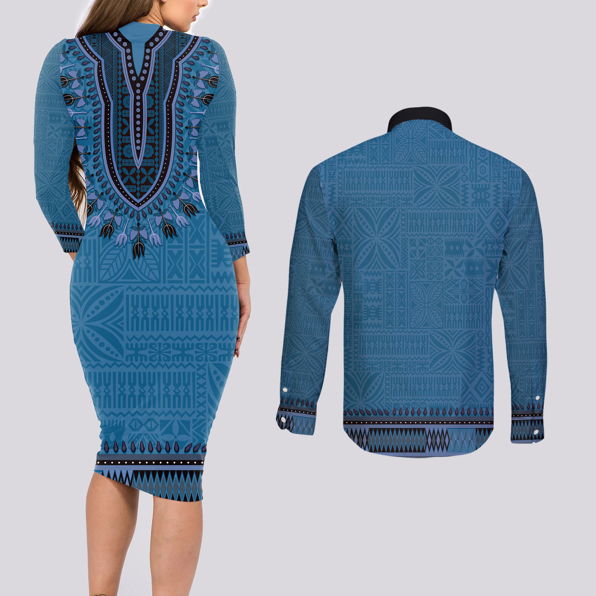 Blue African Dashiki With Fijian Tapa Pattern Couples Matching Long Sleeve Bodycon Dress and Long Sleeve Button Shirt