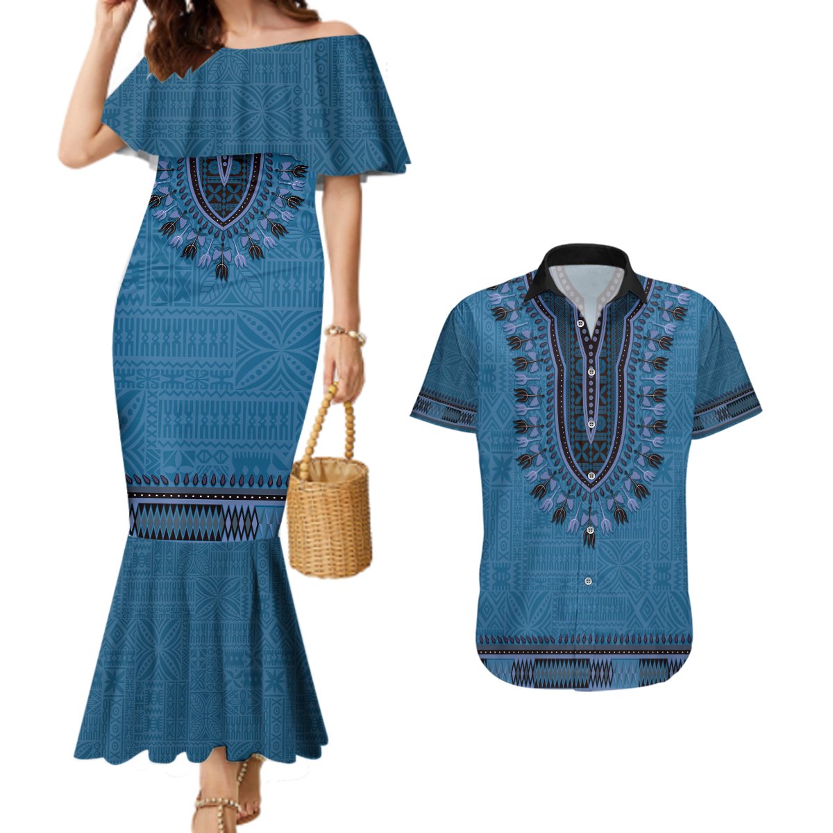Blue African Dashiki With Fijian Tapa Pattern Couples Matching Mermaid Dress and Hawaiian Shirt LT14 Blue - Polynesian Pride