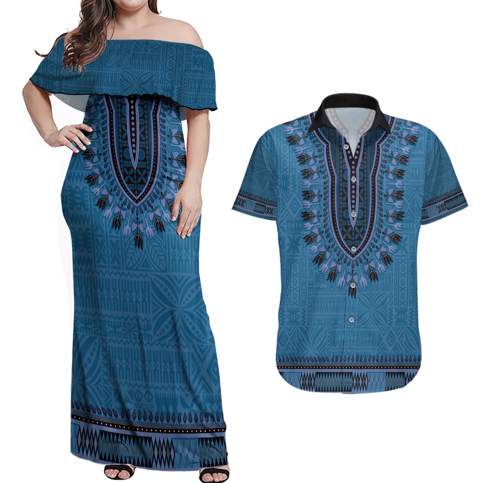 Blue African Dashiki With Fijian Tapa Pattern Couples Matching Off Shoulder Maxi Dress and Hawaiian Shirt LT14 Blue - Polynesian Pride