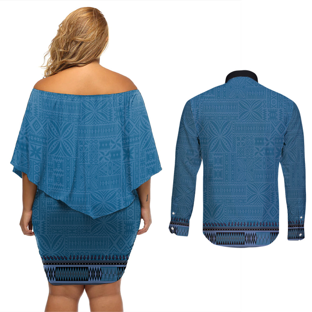 Blue African Dashiki With Fijian Tapa Pattern Couples Matching Off Shoulder Short Dress and Long Sleeve Button Shirt