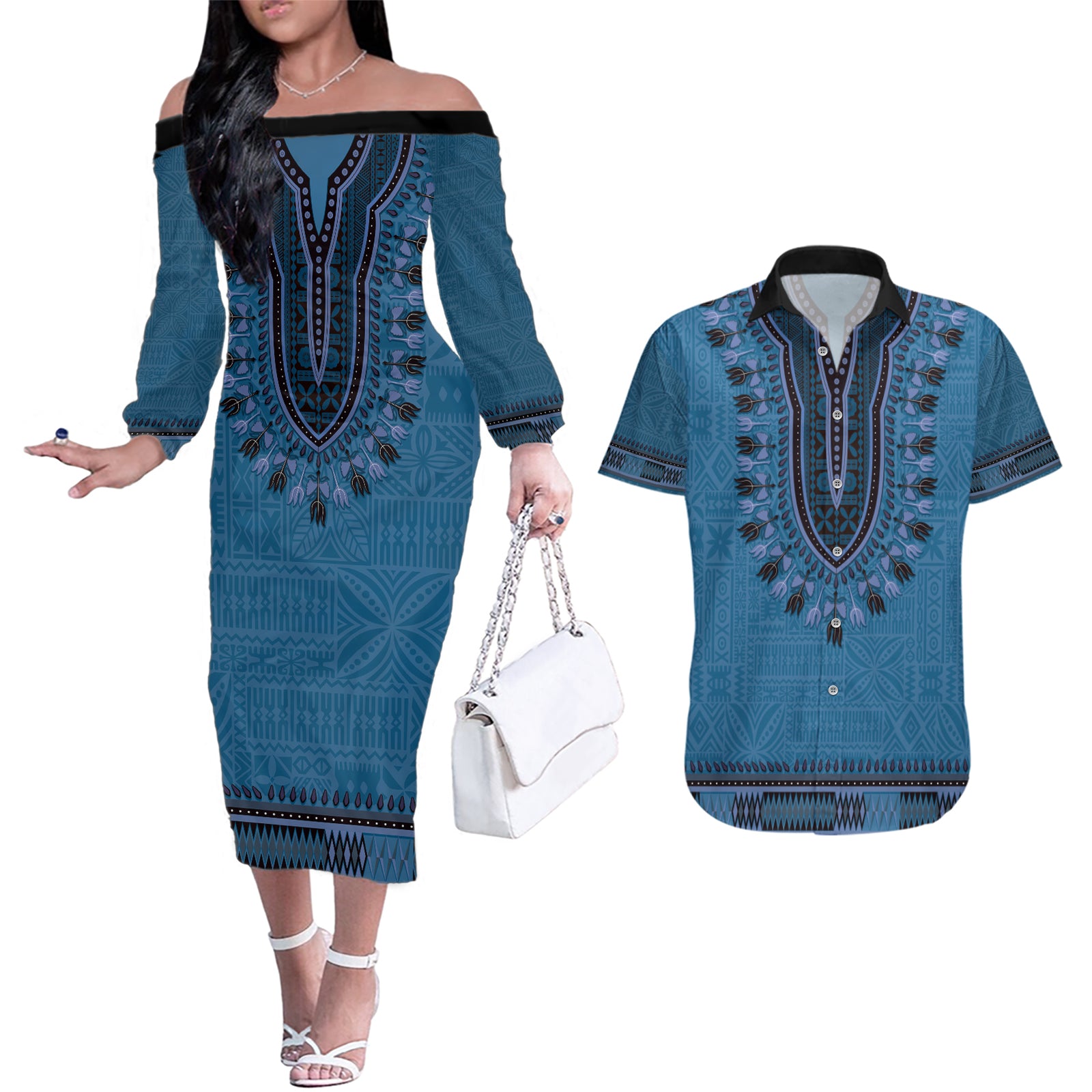 Blue African Dashiki With Fijian Tapa Pattern Couples Matching Off The Shoulder Long Sleeve Dress and Hawaiian Shirt LT14 Blue - Polynesian Pride