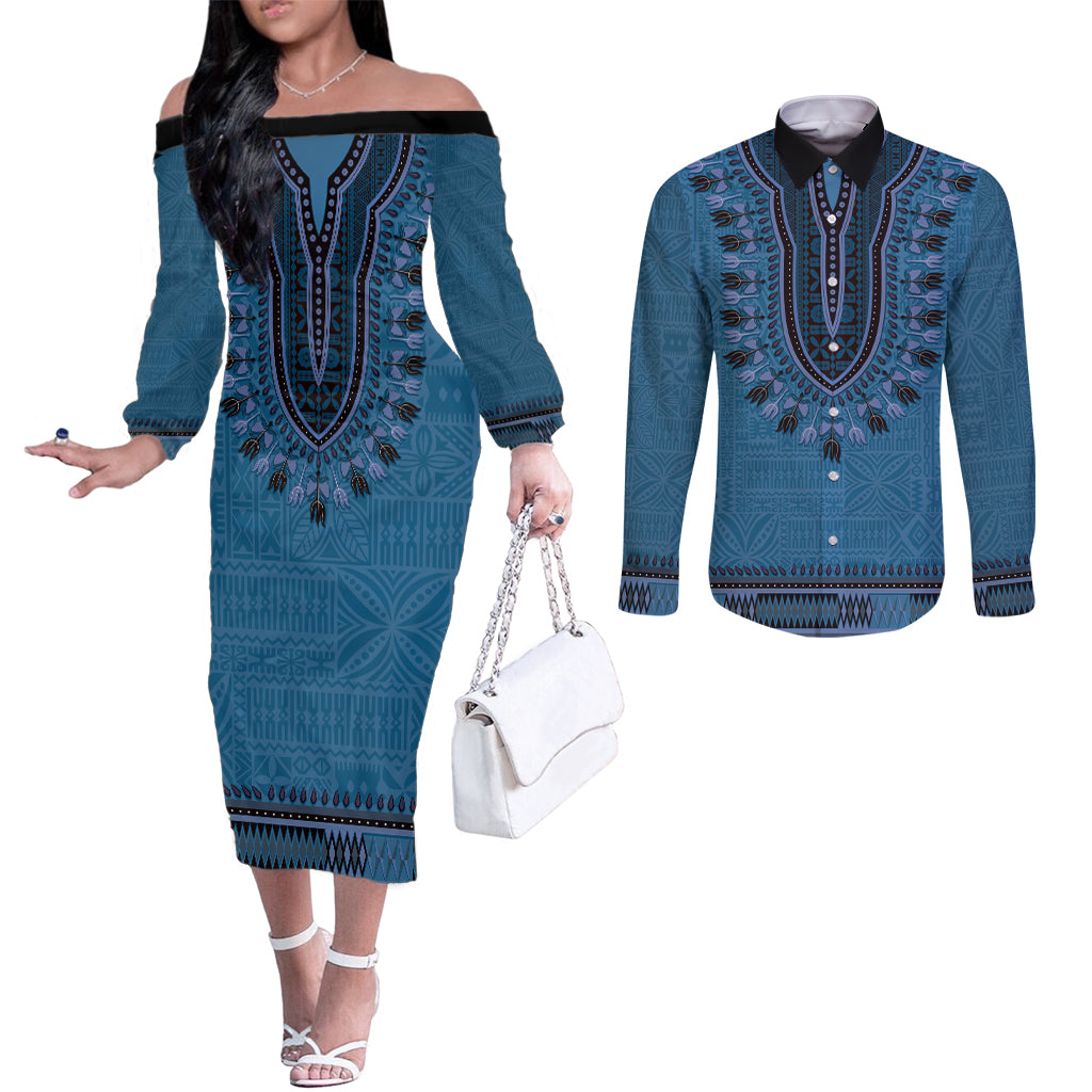 Blue African Dashiki With Fijian Tapa Pattern Couples Matching Off The Shoulder Long Sleeve Dress and Long Sleeve Button Shirt LT14 Blue - Polynesian Pride