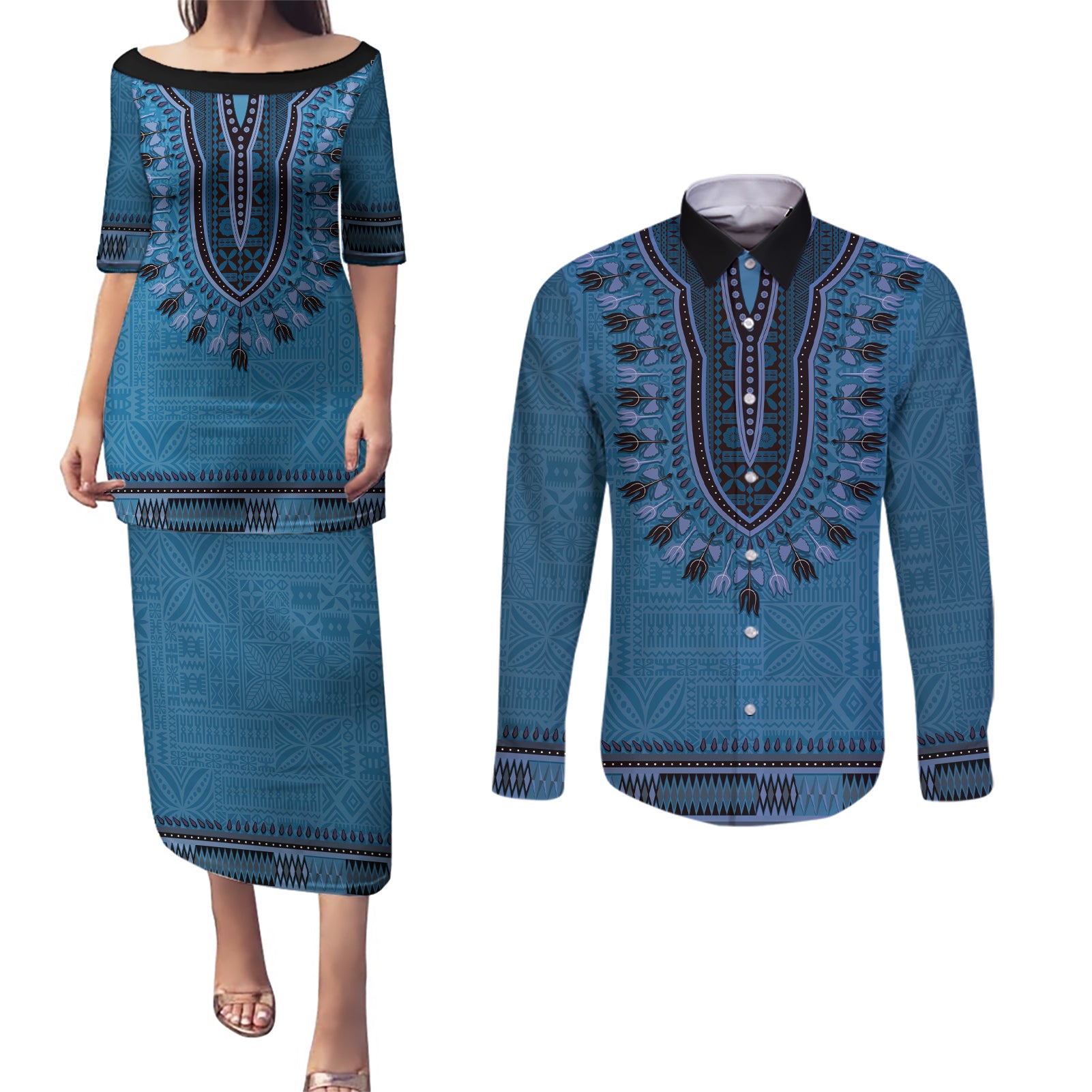 Blue African Dashiki With Fijian Tapa Pattern Couples Matching Puletasi and Long Sleeve Button Shirt