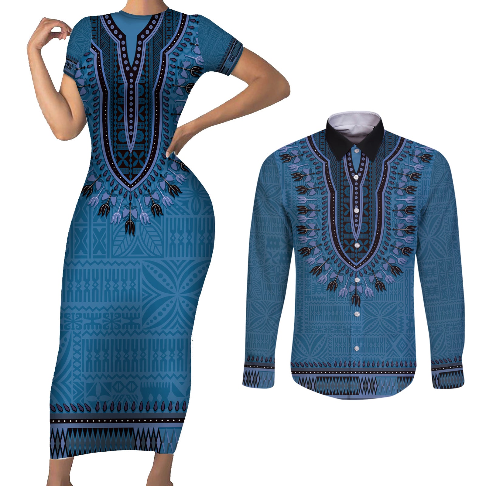 Blue African Dashiki With Fijian Tapa Pattern Couples Matching Short Sleeve Bodycon Dress and Long Sleeve Button Shirt LT14 Blue - Polynesian Pride