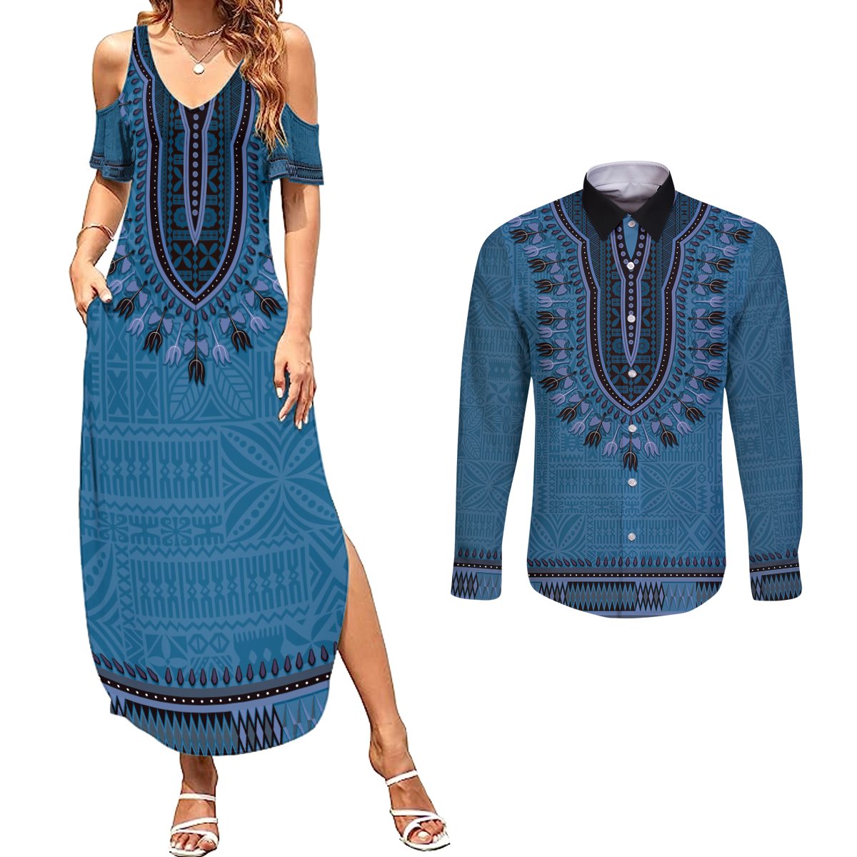 Blue African Dashiki With Fijian Tapa Pattern Couples Matching Summer Maxi Dress and Long Sleeve Button Shirt LT14 Blue - Polynesian Pride
