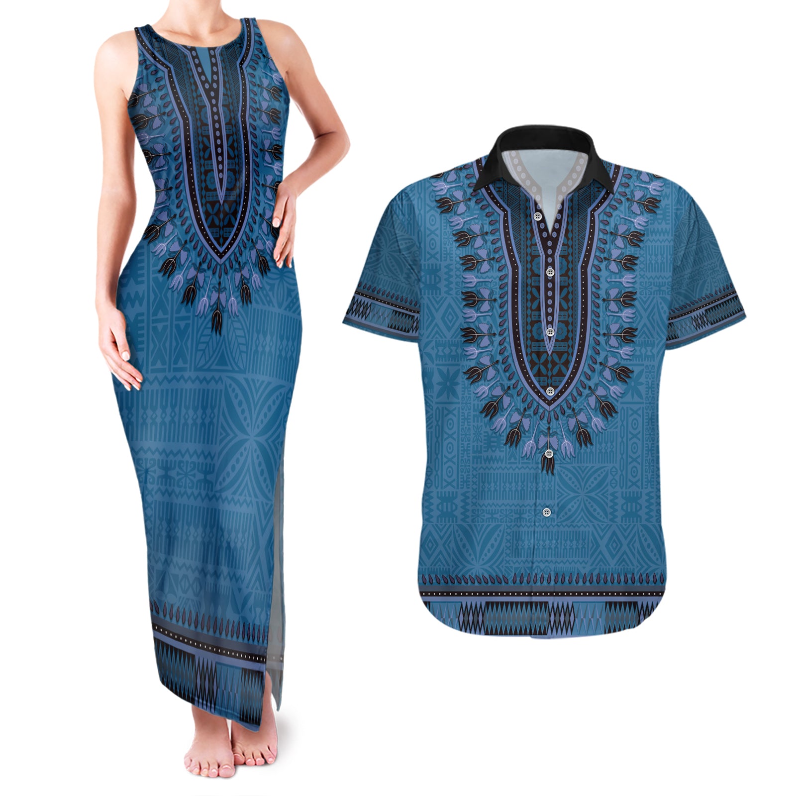 Blue African Dashiki With Fijian Tapa Pattern Couples Matching Tank Maxi Dress and Hawaiian Shirt LT14 Blue - Polynesian Pride